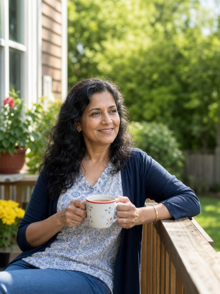 Woman relaxing on her back deck with a cup of tea on a beautiful sunny day, refreshed and well rested
