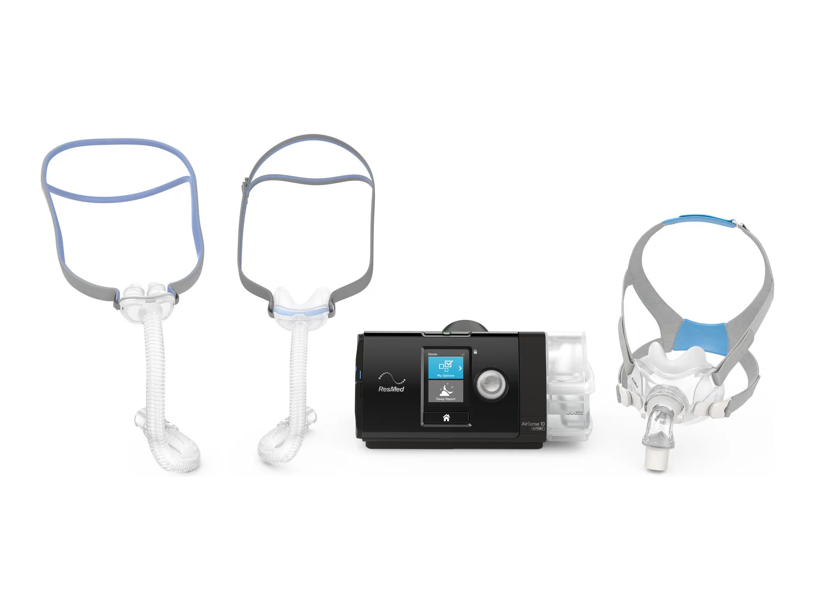 Range of ResMed CPAP equipment — AirFit N30, P10 and F30 masks with an AirSense machine